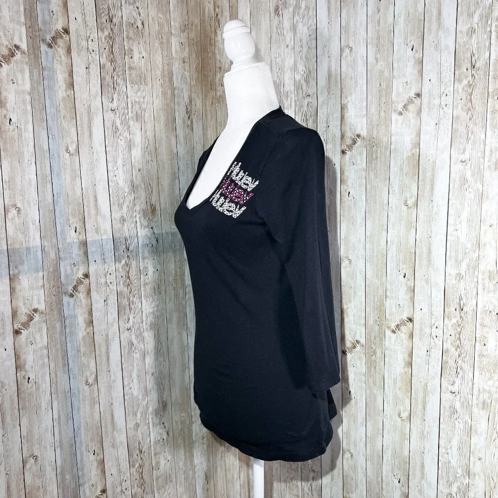 Women's Hurley Black Graphic Tee | 3/4 Sleeve | Size Medium | V-Neck Top - Picture 2 of 9